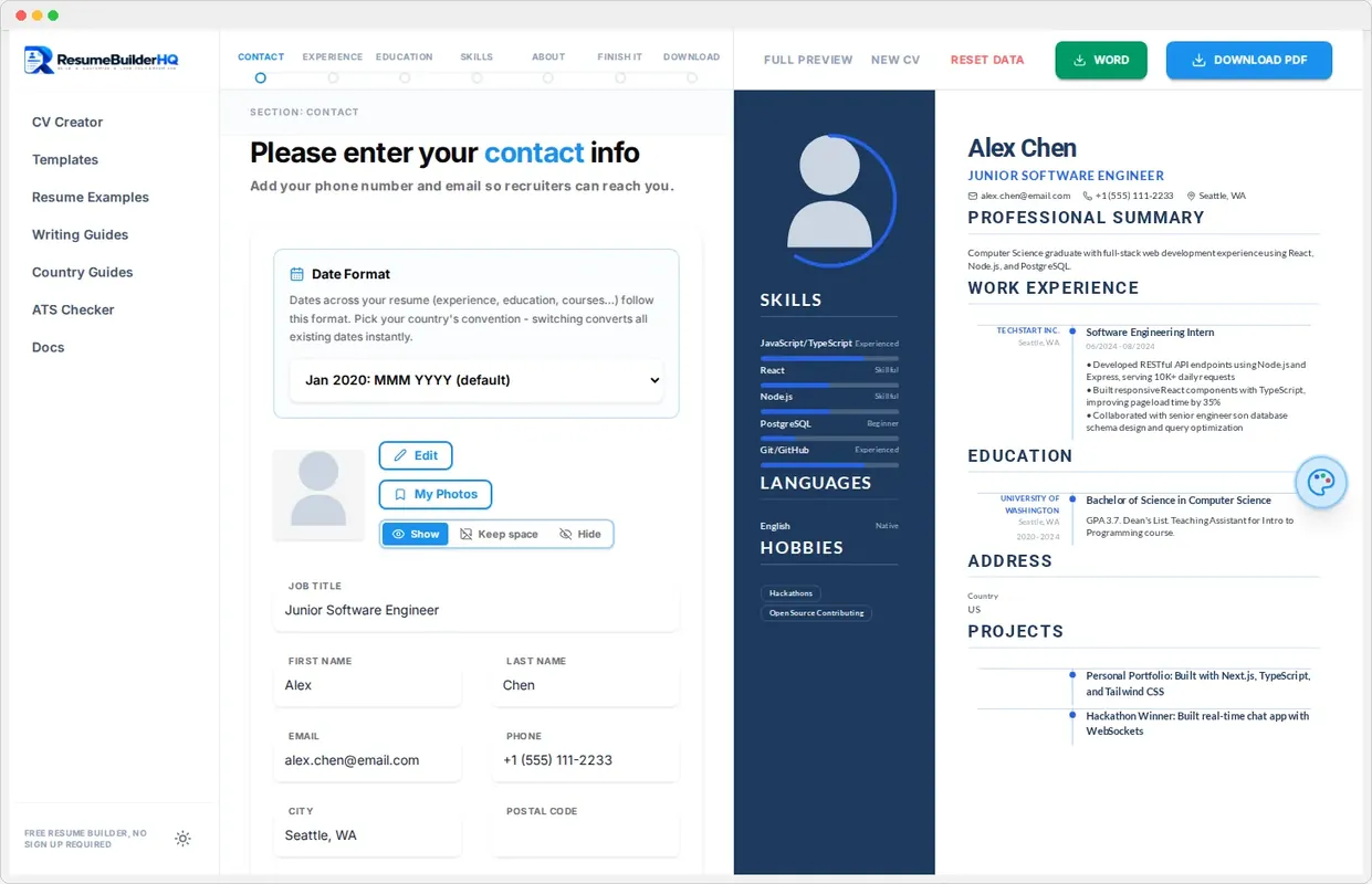 The resume builder Contact step