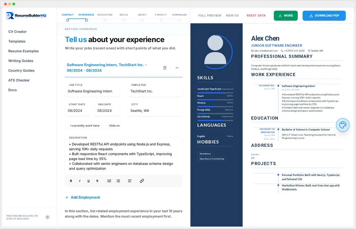 The Experience step of the resume builder with a work history entry