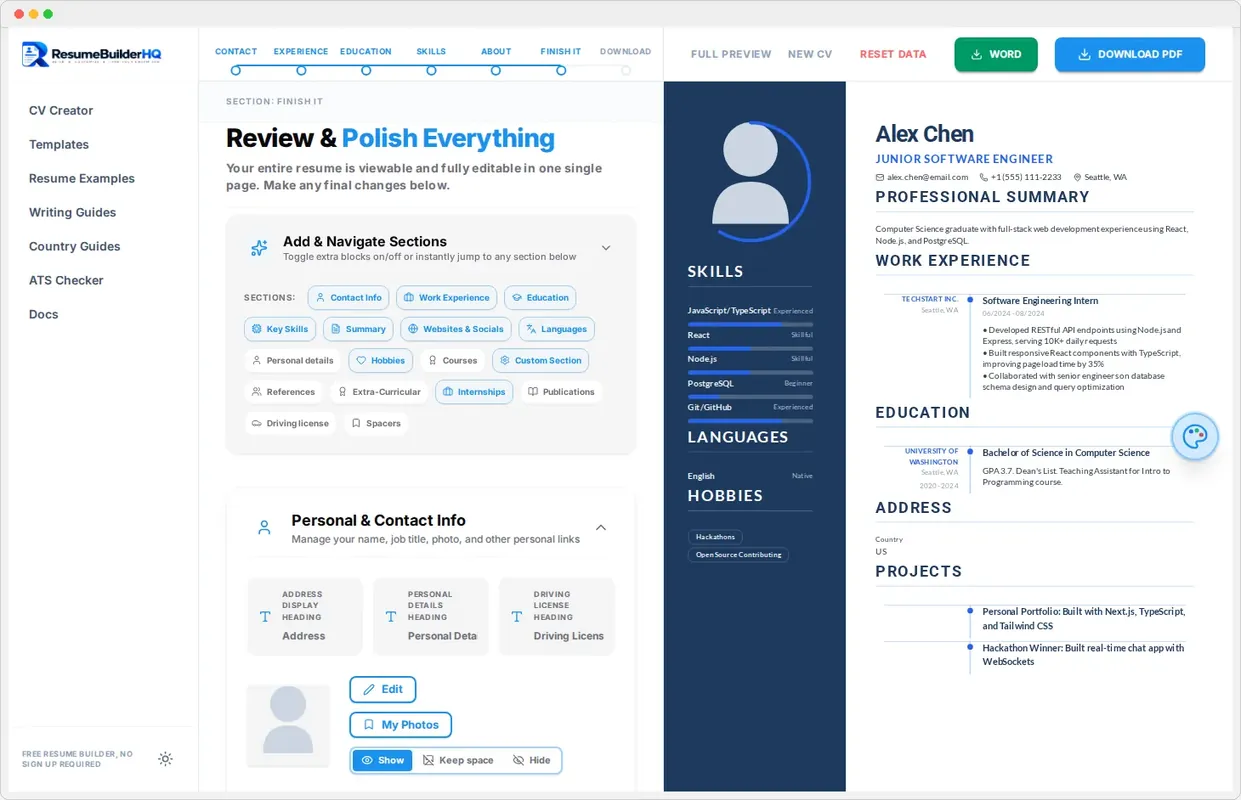 The Review step showing all resume sections