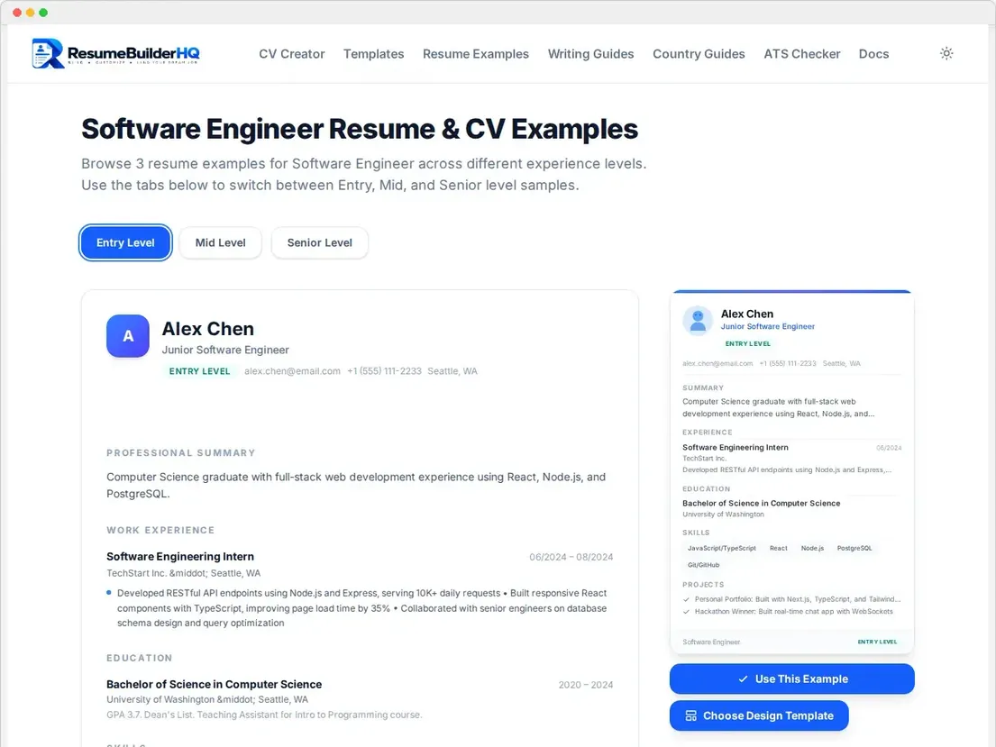 A resume example page with Use This Example buttons