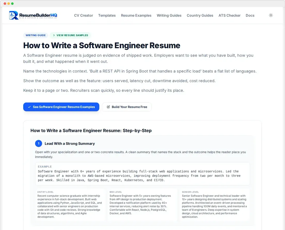 A profession-specific resume writing guide page