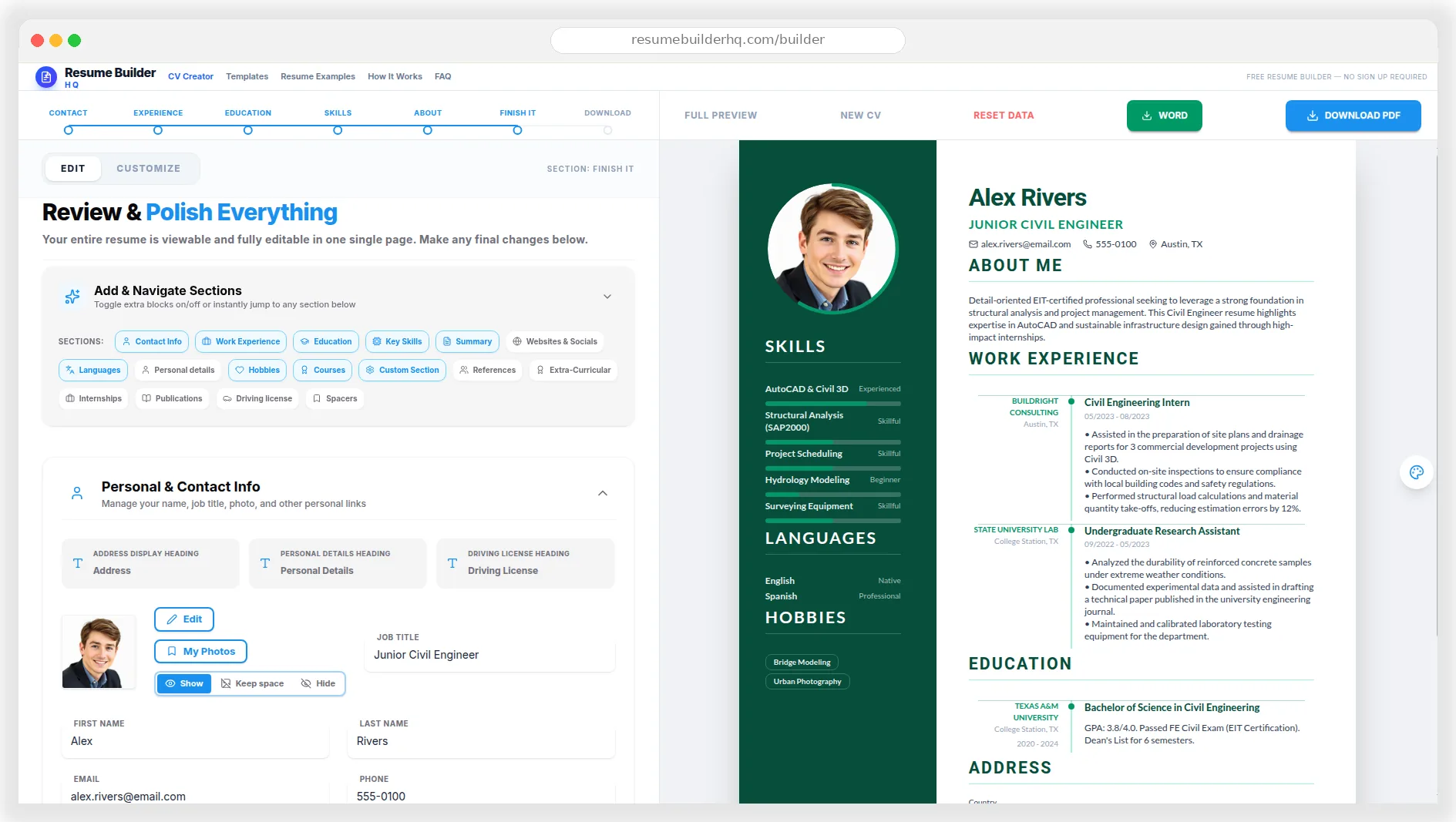 Resume Builder fill in your details editor showing the contact, experience, education and skills steps with a live two-column resume preview